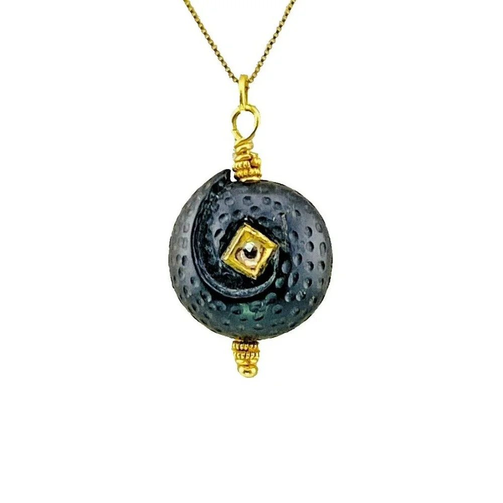 OOAK Vintage Carved Black Bead Diamond 14K Gold Artist Pendant
